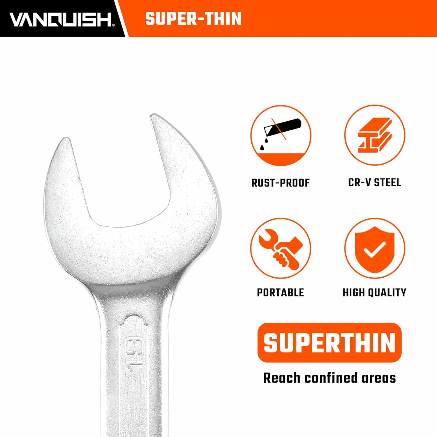 Vanquish Super-Thin Open End Wrench Set，8-Piece Metric Wrench Set with Rolling Pouch, 6, 7, 8, 9, 10, 11, 12, 13, 14, 15, 16, 17, 18, 19, 20, 22 mm (1082SET)
