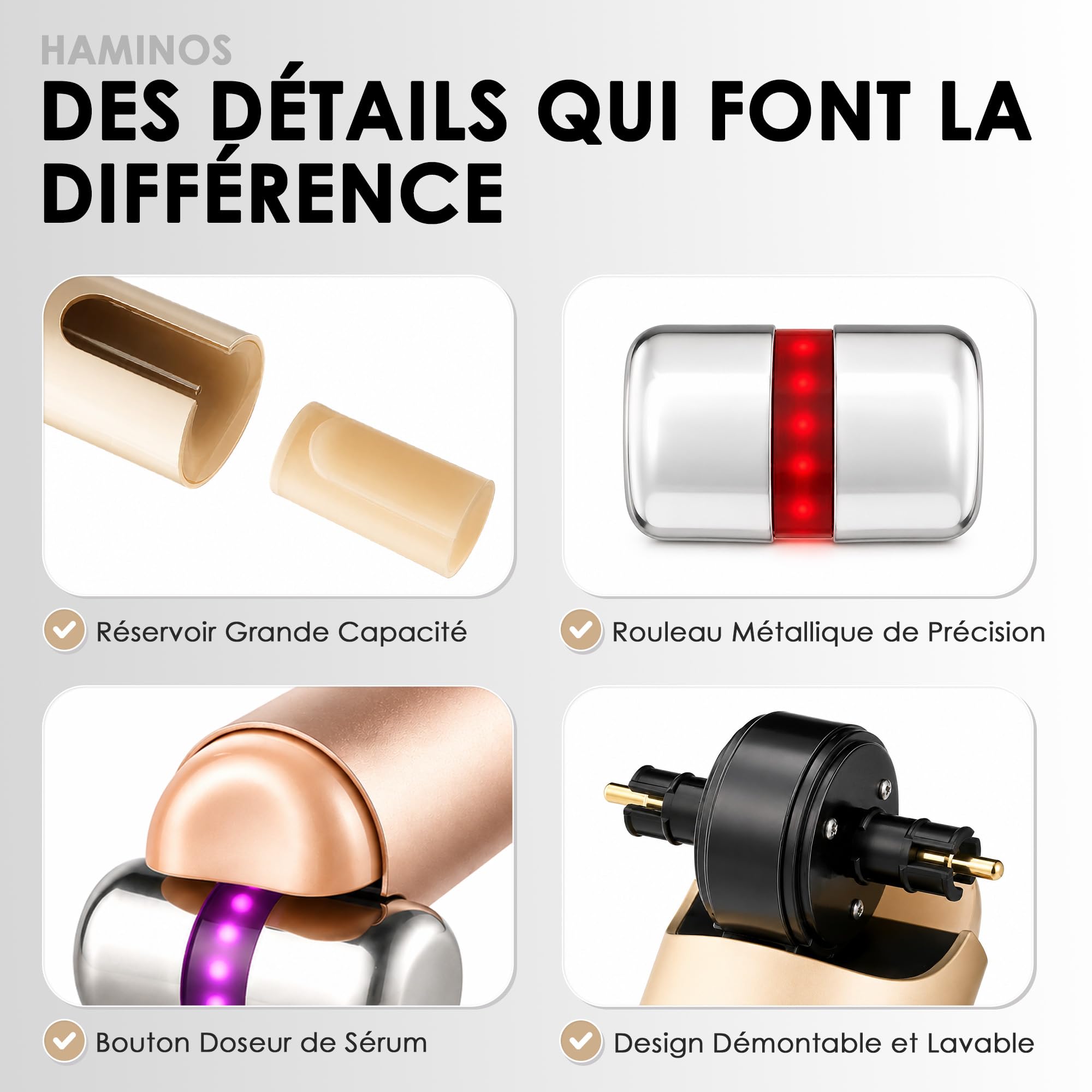 Appareil Visage Microcourant avec Infusion de Sérum, Masseur Visage LED Rouge, Bleue et Violette, 3 Intensités, Appareil Lifting Visage Rechargeable USB-C