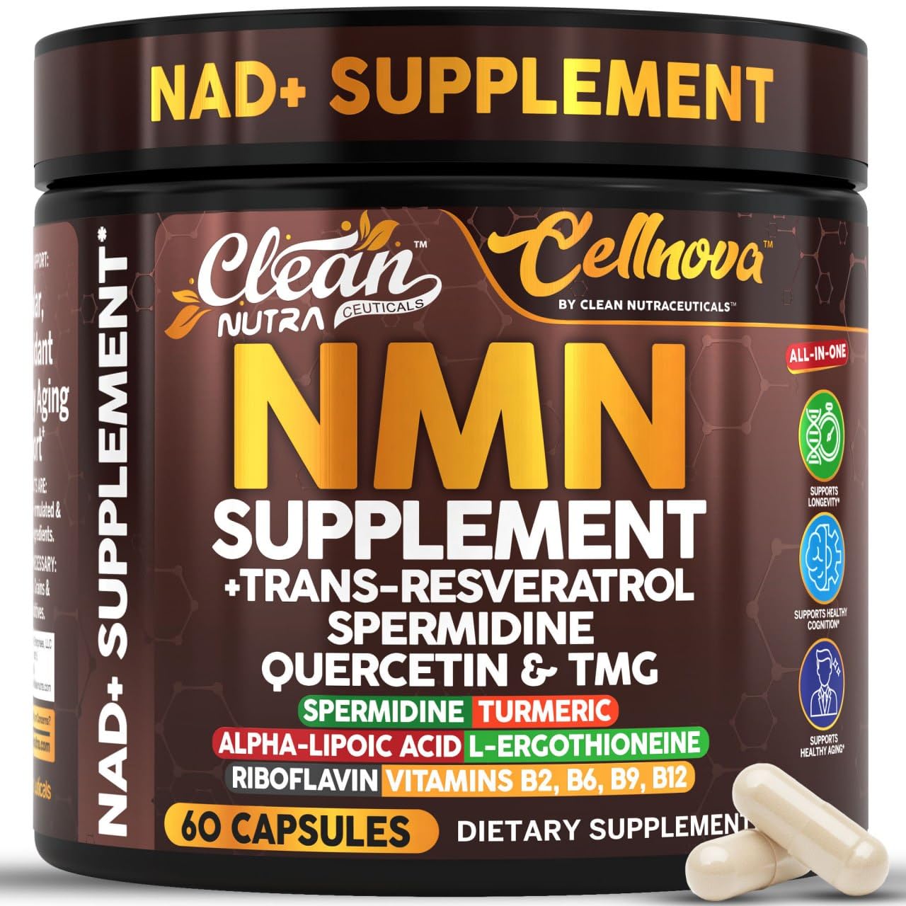 Clean Nutra NMN Supplement 500mg Trans Resveratrol Spermidine Quercetin TMG CoQ10 Complex — Cellnova NAD+ Support All-in-One Longevity Stack for Men and Women, Made in the USA — 60 Vegetarian Capsules