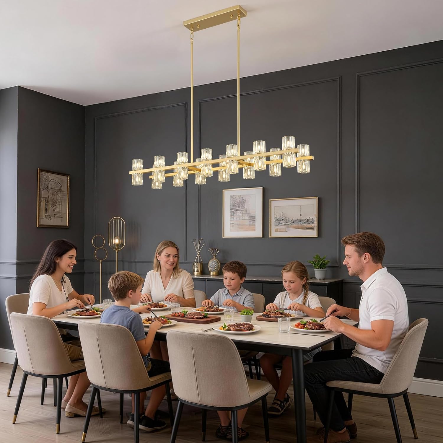 20-Lights Crystal Chandelier | L32 Inch Rectangle Chandeliers for Dining Room Over Table | Black Dining Room Light Fixture Apply to Kitchen Island | Bar | Cloak Room | 28X G4 bulbs (included)