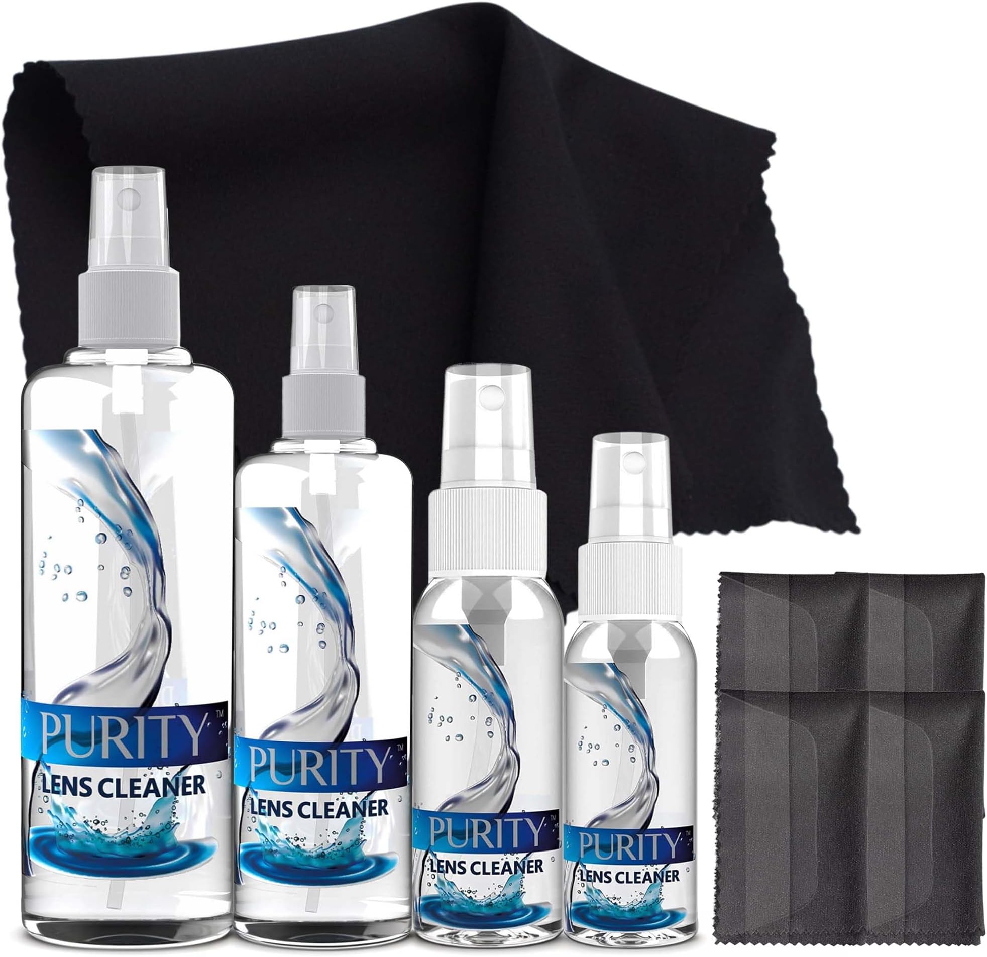 Purity Eyeglass Cleaner Family Pack - Multi-Size Lens Cleaner Kit - 1x1oz, 1x2oz, 1x4oz, 1x8oz Bottles + 4 Premium Microfiber Cloths - Safe for All Lenses, Eyeglasses, & Screens - Streak-Free Formula
