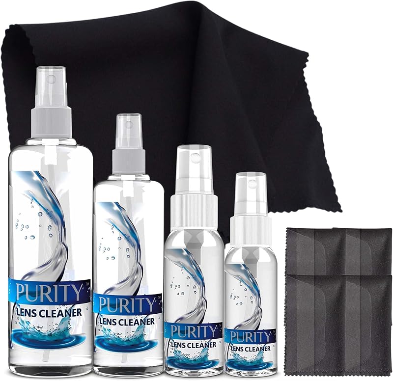 Purity Eyeglass Cleaner Family Pack - Kit de limpieza de lentes de varios tamaños - Botellas de 1x1oz, 1x2oz, 1x4oz, 1x8oz + 4 paños de microfibra premium - Seguro para todas las lentes, anteojos y pantallas - Fórmula sin rayas