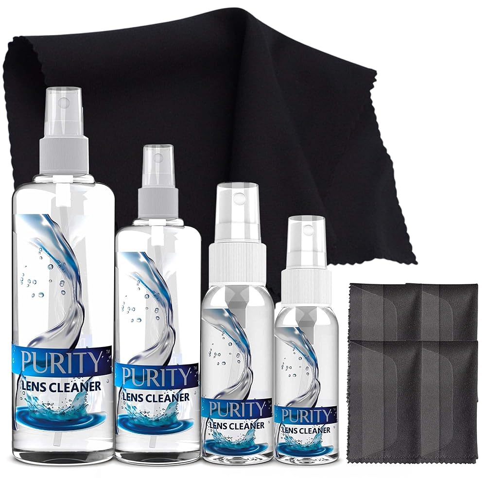 Purity Eyeglass Cleaner Family Pack - Multi-Size Lens Cleaner Kit - 1x1oz, 1x2oz, 1x4oz, 1x8oz Bottles + 4 Premium Microfiber Cloths - Safe for All Lenses, Eyeglasses, & Screens - Streak-Free Formula