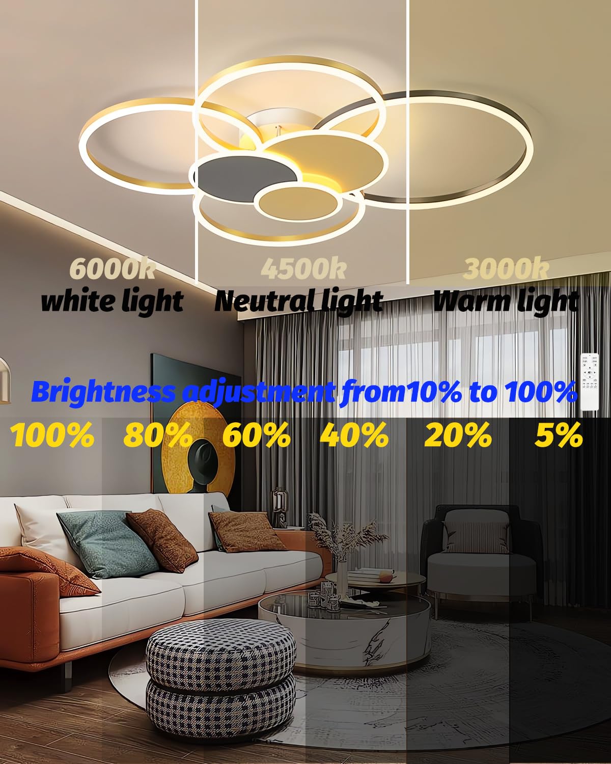 Lampadario LED dimmerabile a 7 anelli-Plafoniera moderna in metallo e acrilico con telecomando luminosità regolabile per il soggiorno la camera la sala da pranzo e l'ufficio (oro nero, 80cm)