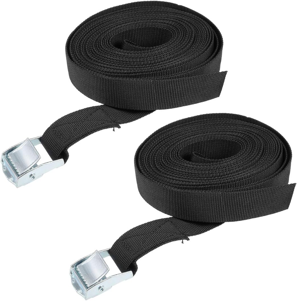 sourcing map Tie Down Strap Cam Buckle Lashing Strap 1" x 20Ft 176lb 80Kg Load Polypropylene for Moving Securing Cargo Black, Pack of 2