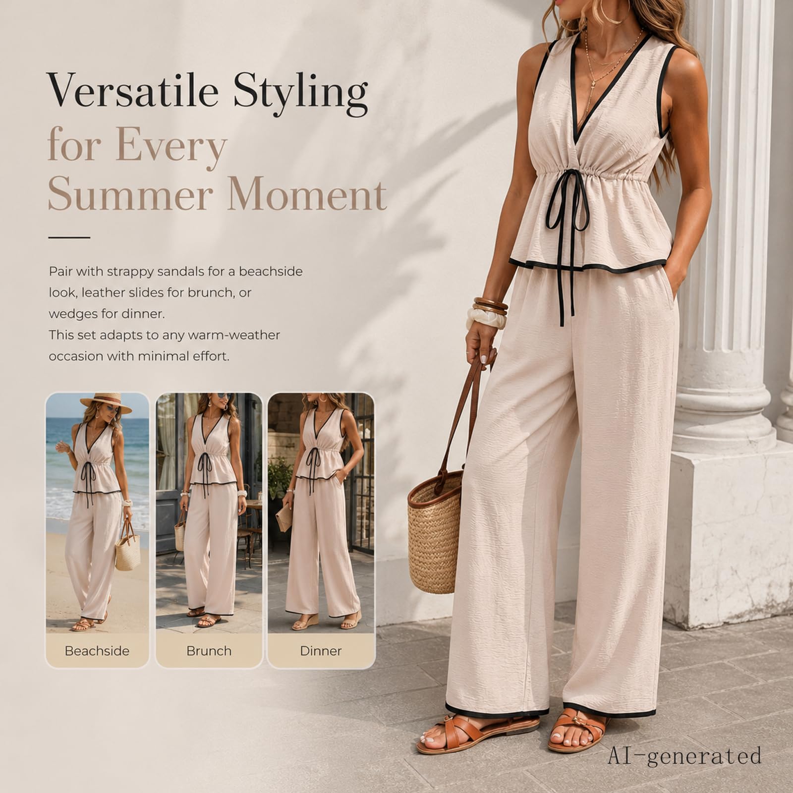 Women's 2 Piece Outfit Striped V Neck Sleeveless Cinched Peplum Tank Top Wide Leg Pants Summer Casual Travel Vacation Set