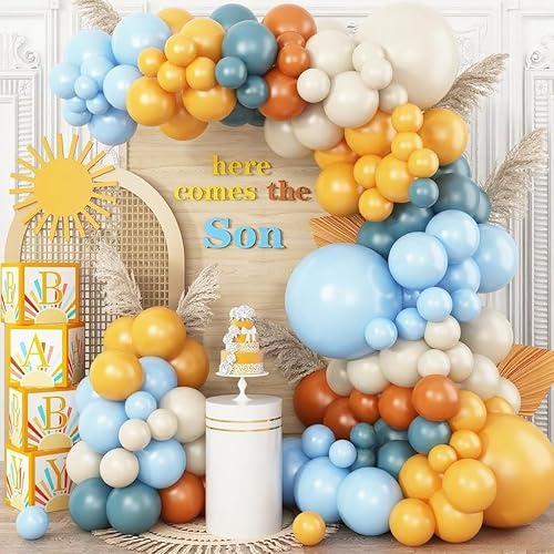 Here Comes the Son - Kit de arco de globos, guirnalda de globos retro azul amarillo bohemio con mostaza, amarillo, pastel, azul, arena, blanco,