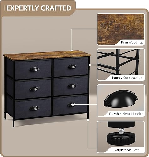 Miniatura 4 de Sorbus Cómoda con 6 cajones de tela, mueble de dormitorio, mueble de almacenamiento, torre para dormitorio, pasillo, armario, organización de Negro