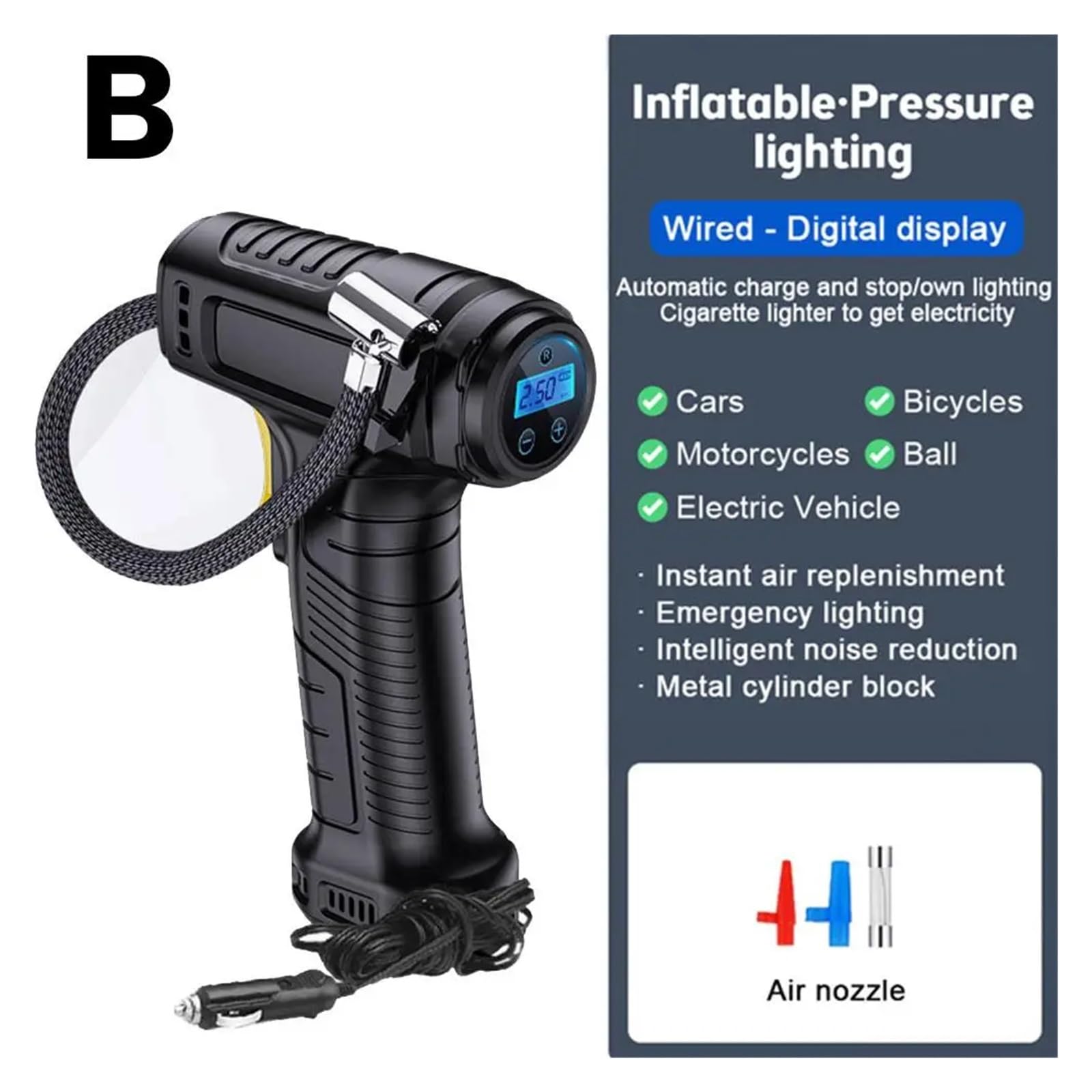 120W Ręczna Sprężarka Powietrza Bezprzewodowa/przewodowa Pompka Nadmuchiwana Przenośna Inflator Do Opon Cyfrowa Samochodowych Piłek Rowerowych Natychmiastowa Inflacja(C)