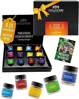 Hallingers Genuss Manufaktur Brotback Gewürze Geschenkset – 12 Premium Brot- & Teiggewürze im Glas, edle Geschenkbox, Gewürz Set "Brot-Backlust XL", Geschenkidee Hobbybäcker, Geburtstag Weihnachten