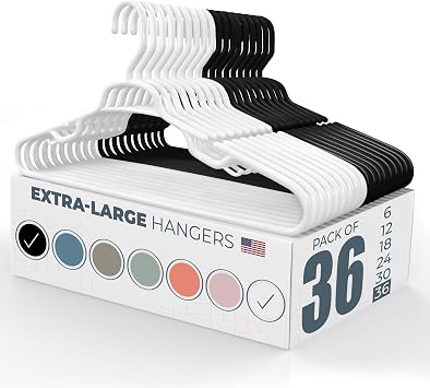 Large & Wide Heavy Duty Clothes Hangers 36 Pack Made in USA Ideal for Plus Size Clothing 10lb Plastic Hangers with Notches for Oversized Adult Coats & Pants White & Black