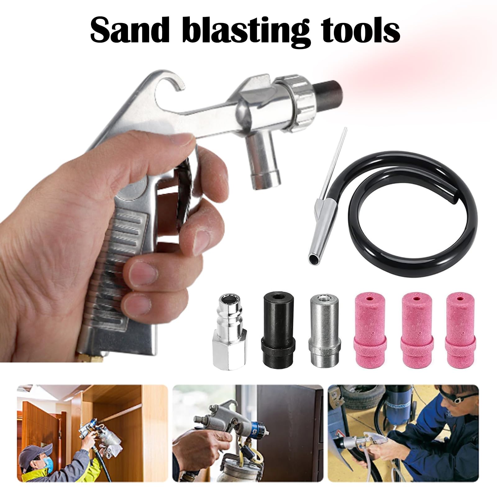 Pistola Sabbiatrice Pneumatica per Compressore con Ugelli e Tubo 1M Gomma Kit