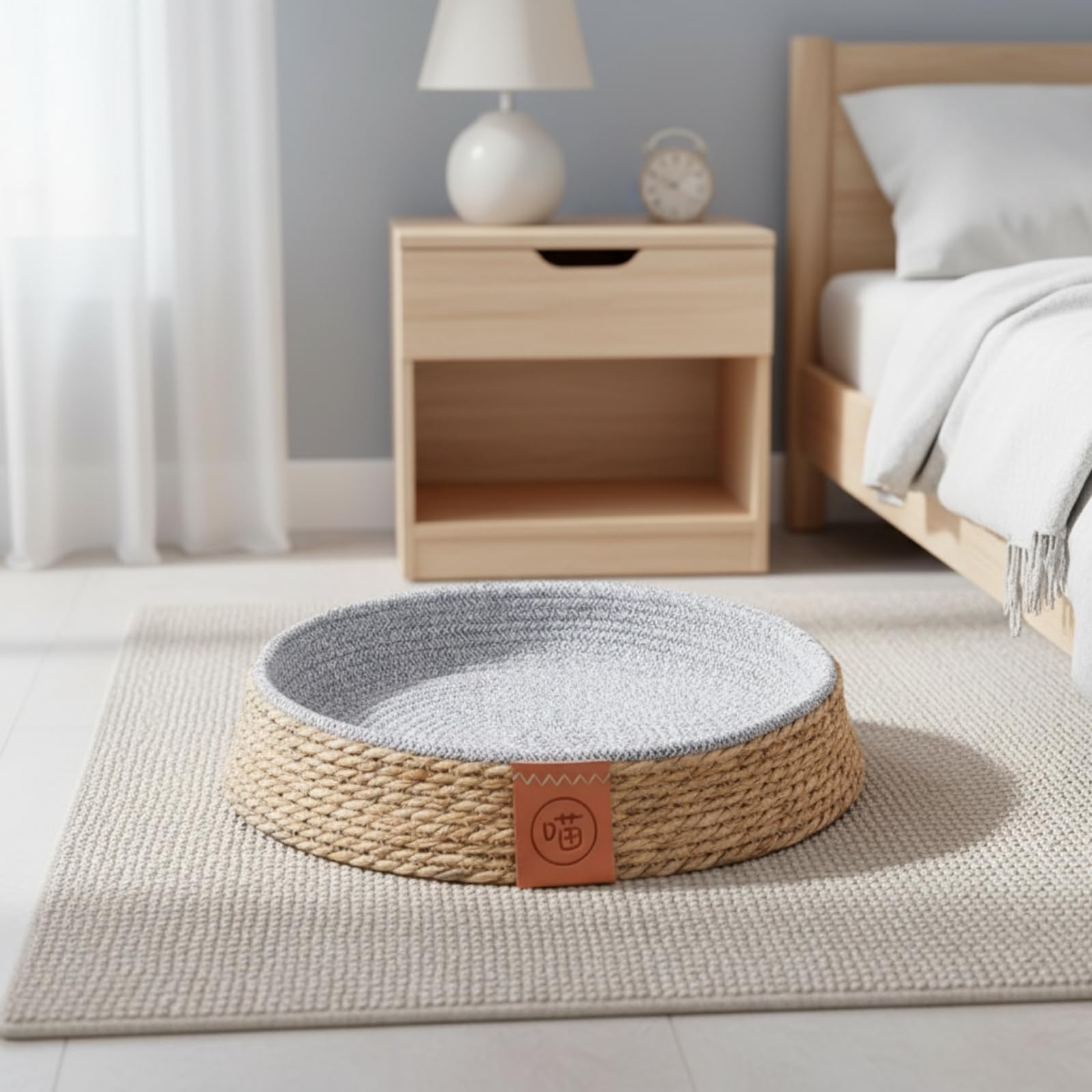 Colcolo Cuccia per Animali Domestici Letto Tondo Cestino Basso Nido Accogliente con Bordo Contenitivo E Etichetta Frontale Decorativa in Giunco E Cotone Adatta a Soggiorno, 40 Cm