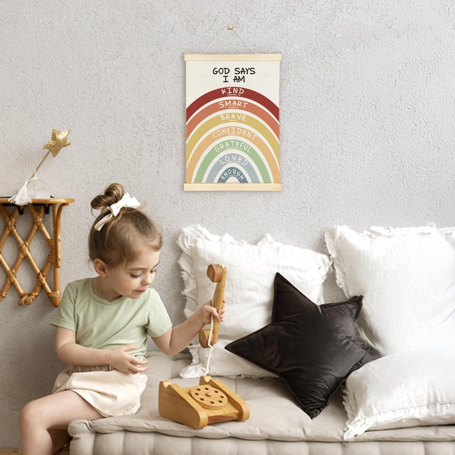 ATBWGT Inspirational Boho Rainbow Inspirational Christian Wall Art Decor, God Says I Am Religious Bible Verse Poster Hanger Frame for Kids Girl Boy Room Nursery Playroom Classroom, 12x16 Inch image 4