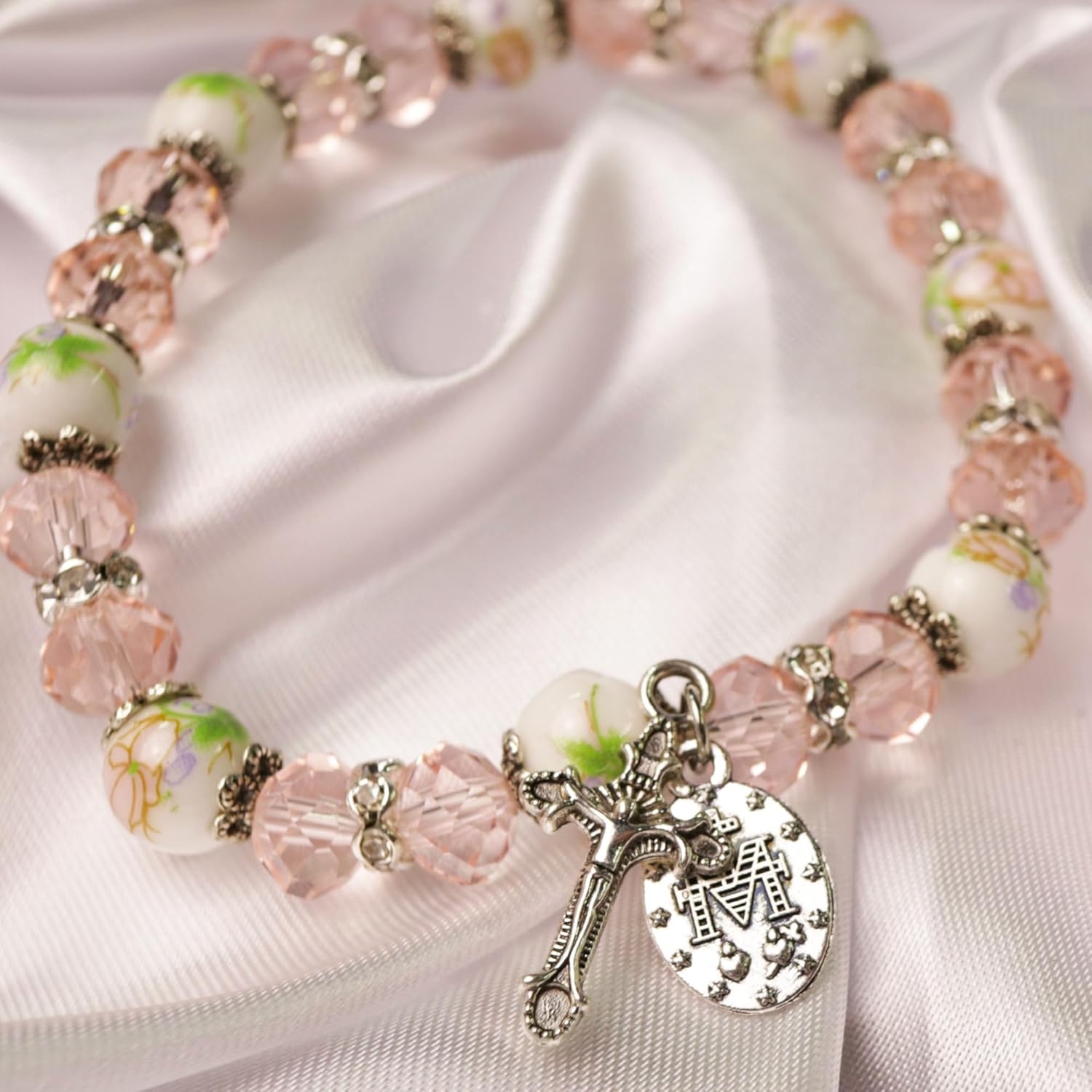 Needzo Pink Miraculous Medal Bracelet, Glass Floral Beads with Metal Crucifix Pendant, Catholic Gifts for Women, 7.5 Inches, Stretchable - Image 4