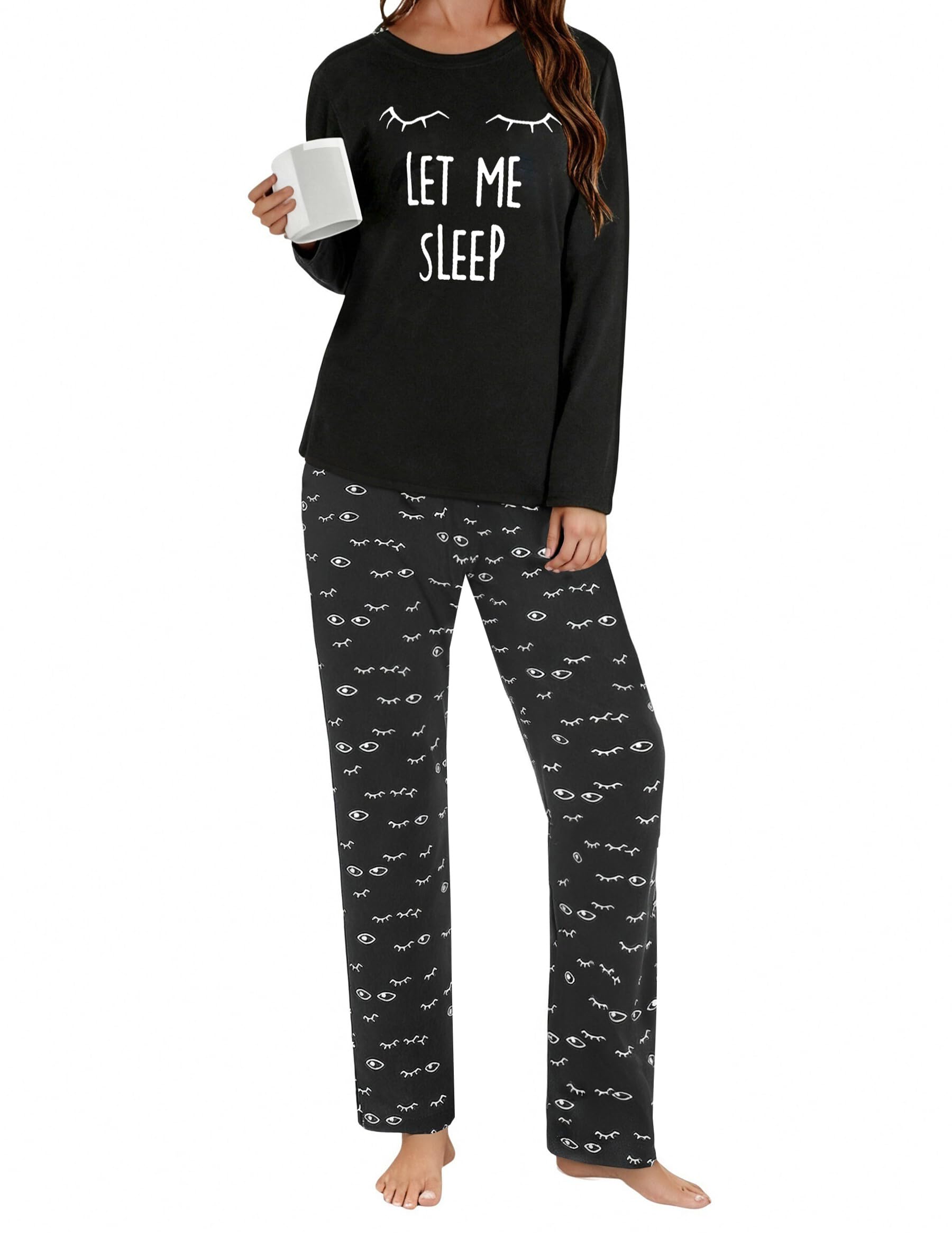 Uniexcosm Schlafanzug Damen Lang Pyjama Set Baumwolle Zweiteiliger Hausanzug Nachtwäsche mit Katzendruck und Polka Dot Schlafanzughose Loungewear Freizeitanzug