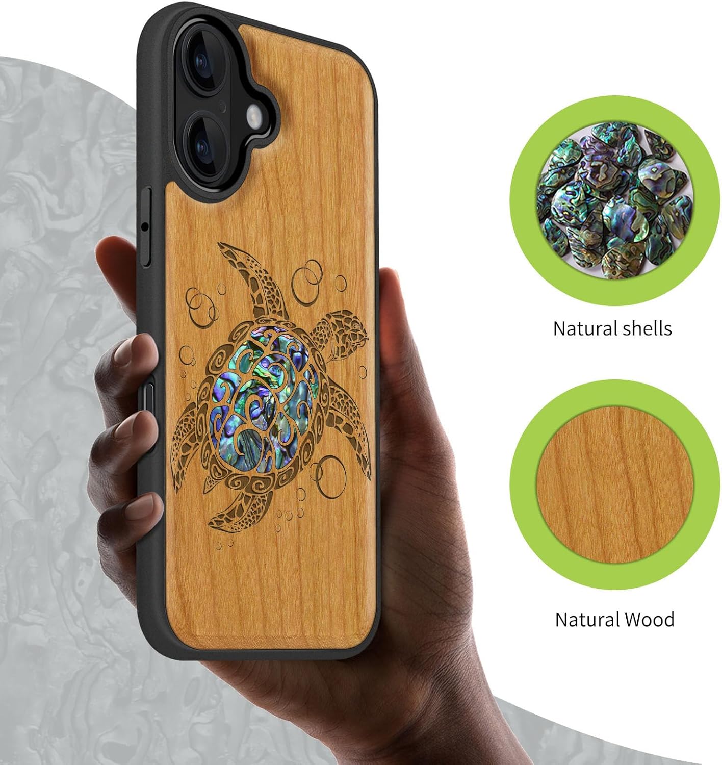 Carveit Magnetic Wooden Case for iPhone 17 Case, Wood Artisan Engraved & Handmade Shell Inlaid, TPU Shockproof Cover, Compatible with MagSafe Wireless Chargers (The Maori Turtle-Cherry)
