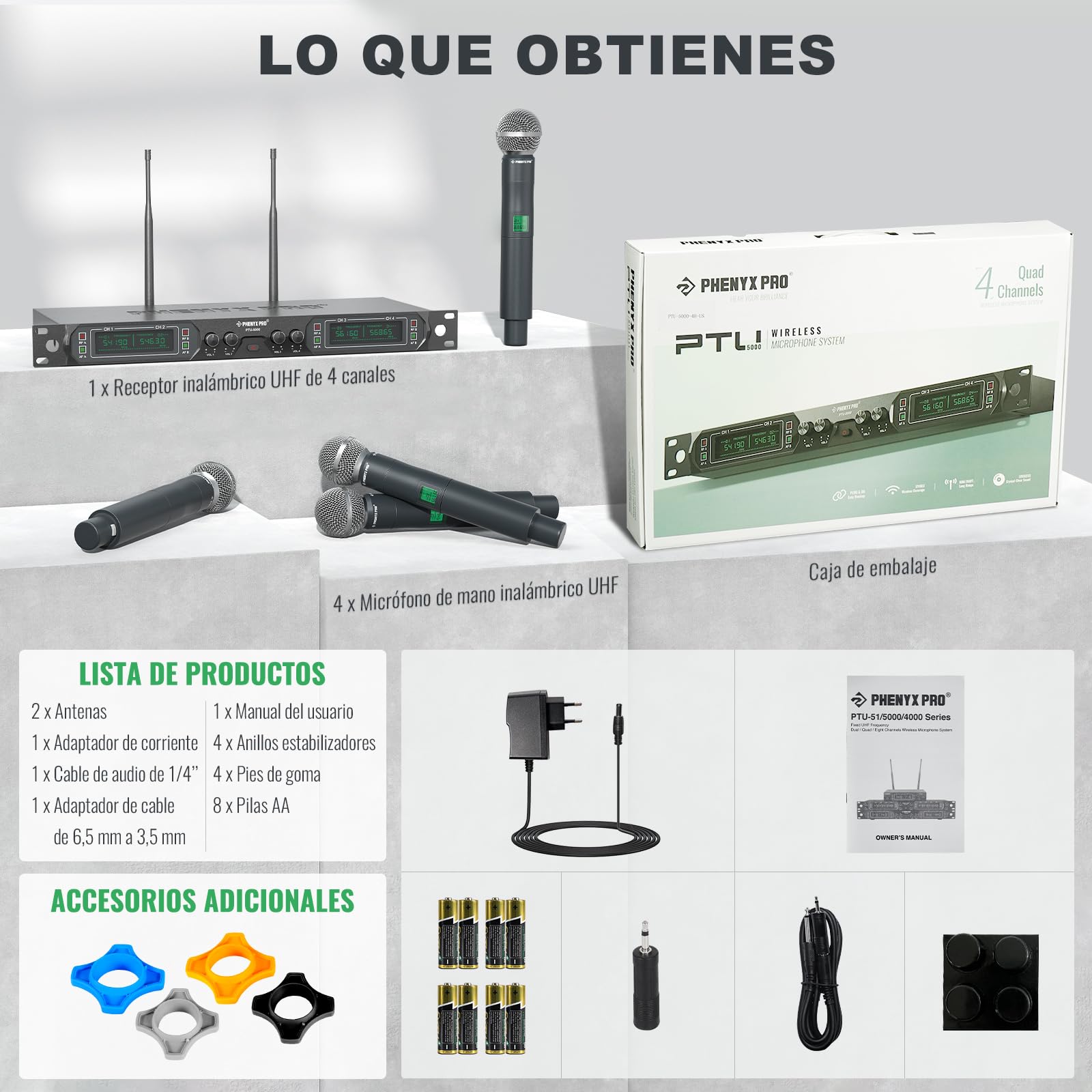 Phenyx Pro Sistema microfono wireless professionali UHF a 4 canali in metallo a frequenza fissa con 4 microfoni dinamici palmari, portata di 260 piedi per canto, chiesa (PTU-5000-4H)
