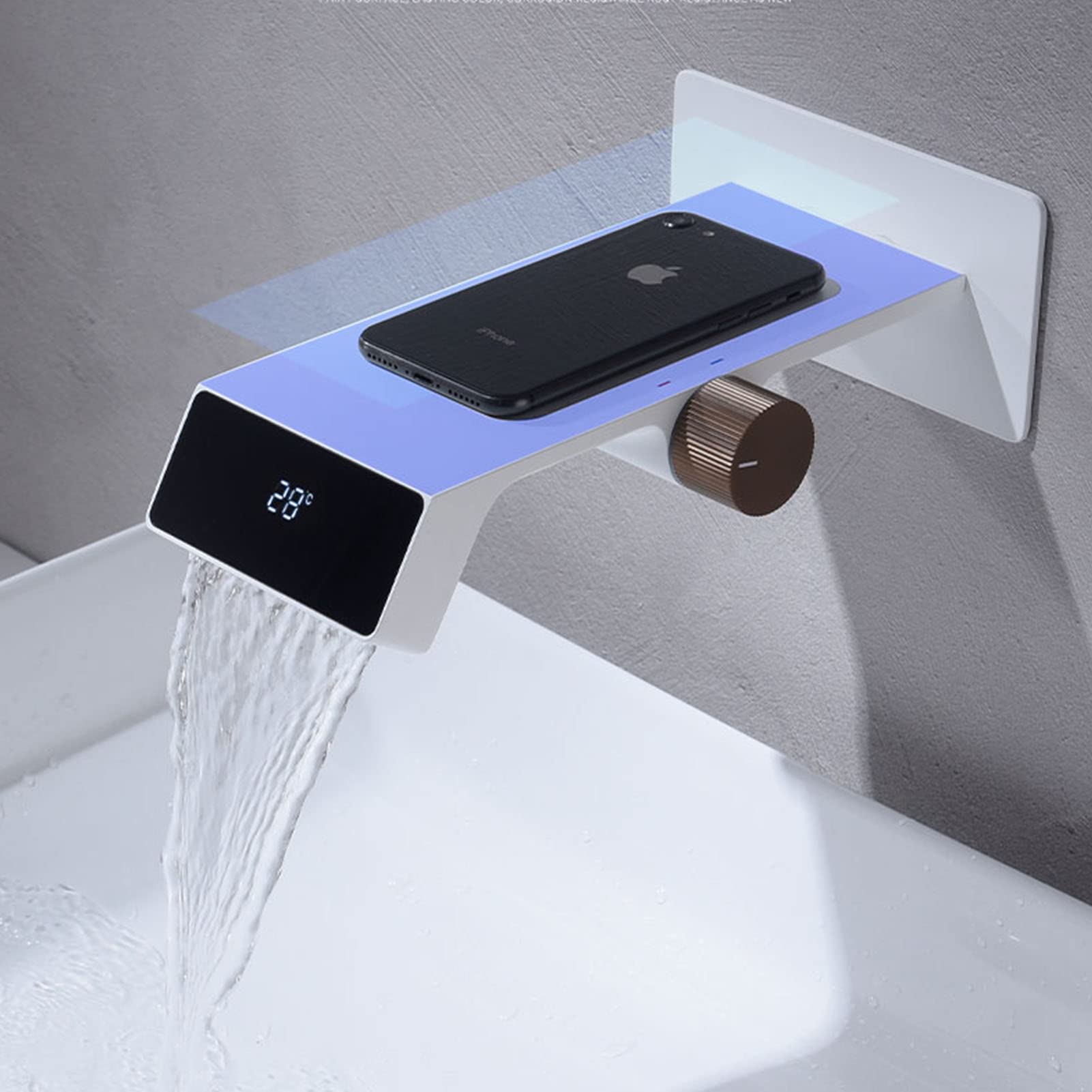 Grifo de baño en Cascada con Pantalla de Temperatura, Grifo de baño montado en la Pared, Grifo Mezclador de Lavabo de una Sola manija Moderno, Grifo de Lavabo de baño de latón, Blanco