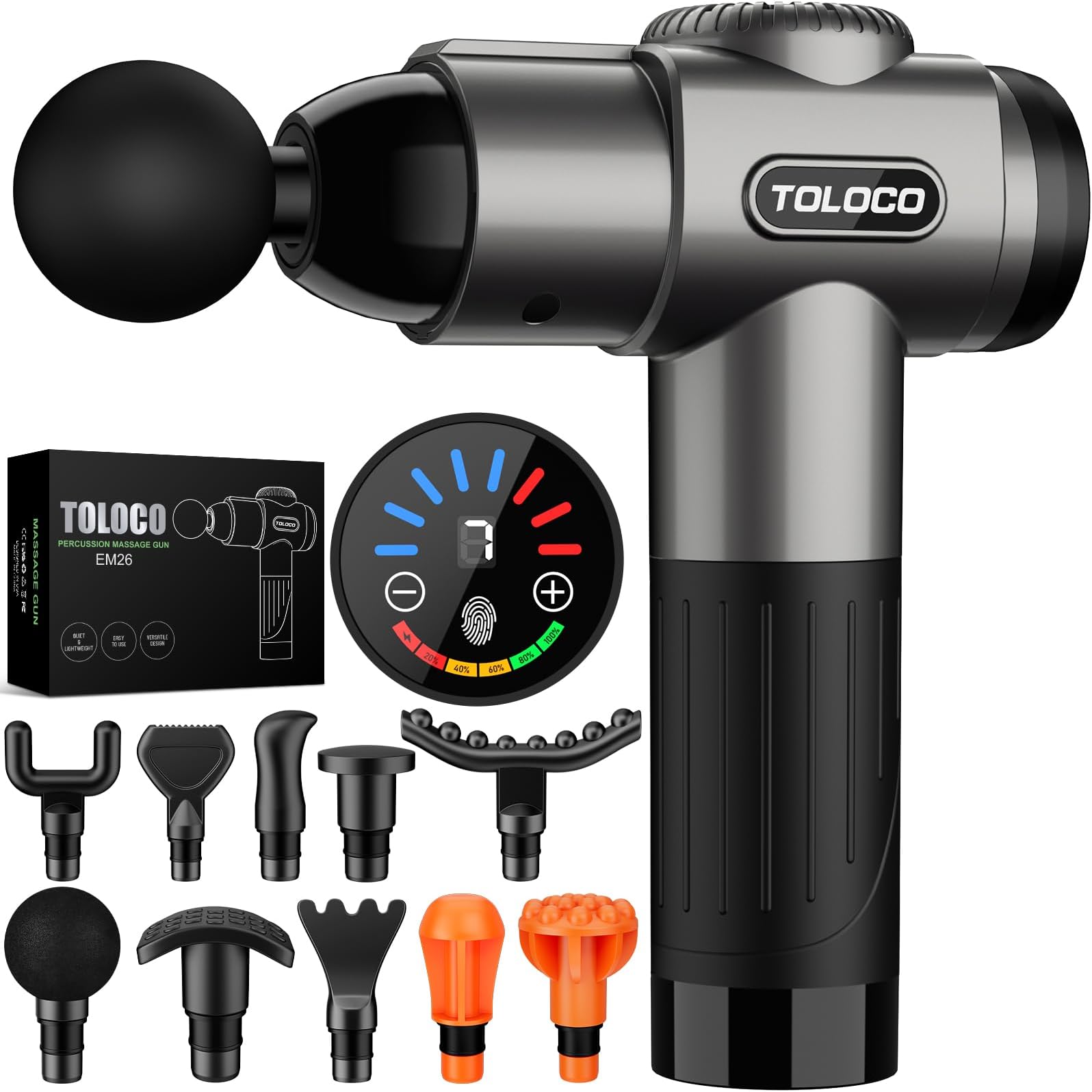 TOLOCO Massage Gun, Deep Tissue Back Massage for Athletes for Pain Relief, Percussion Massager with 10 Massages Heads & Silent Brushless Motor, Valentines Day Gifts for Him Her, Grey