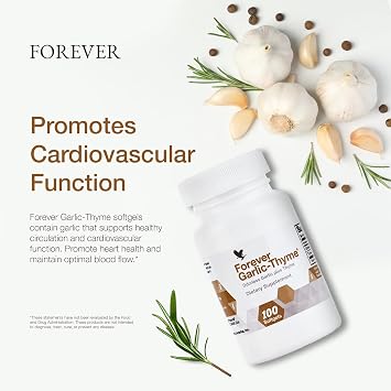 Forever Living - Forever Garlic-Thyme - 100 Softgels | Contains 10 Mg Garlic Extract, 50 Mg Thyme Leaf Powder, Odorless Gluten-Free Softgels, For Daily Supplement Use
