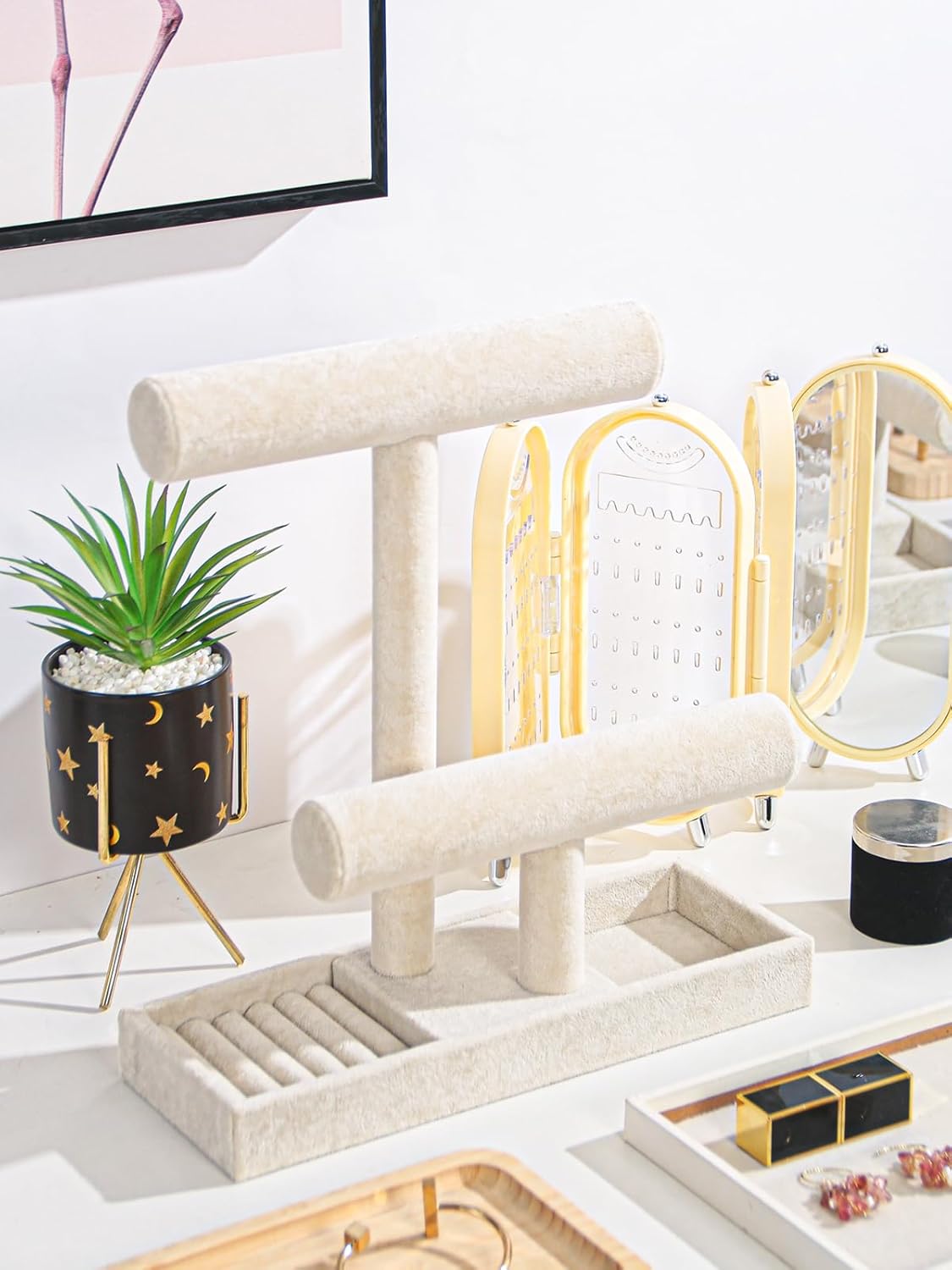 Coward 2 Tier Necklace Bracelet Holder Organizer With ring Tray, Multi-use Jewelry Display Stand For Necklace Bracelet Bangle Watch Scrunchie (Beige/no Lid) - Image 5