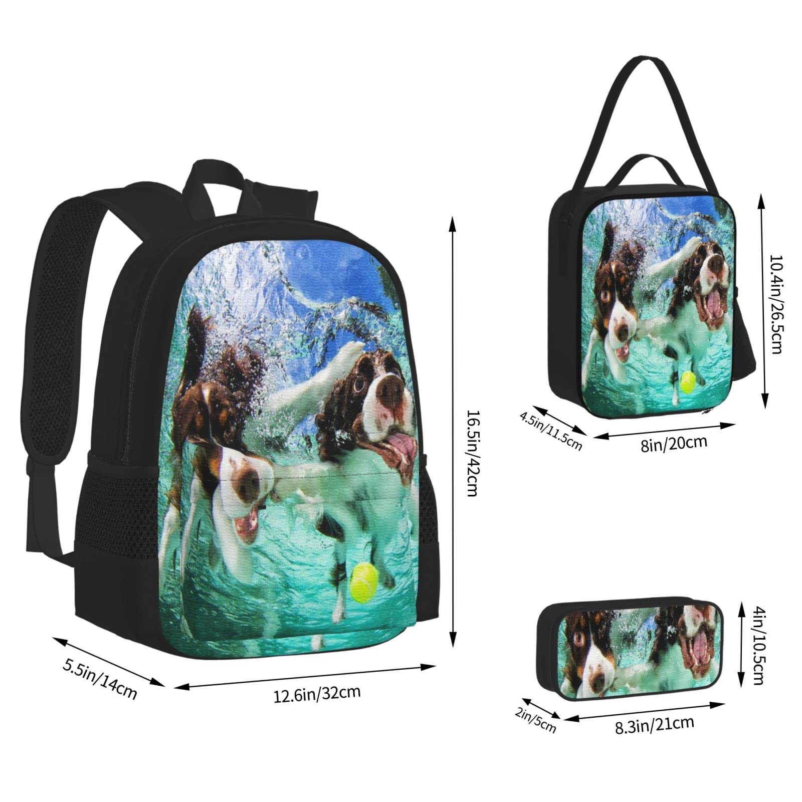 Set di 3 zaini con cani subacquei e cani che nuotano, borsa, astuccio e borsa per il pranzo, per uomini, donne, ragazzi e ragazze.