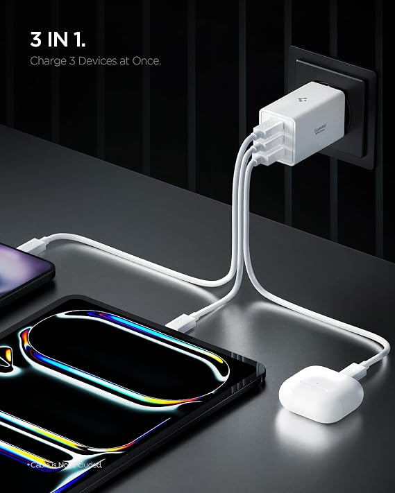 Spigen 67W USB-C+USB-A 3 Port Fast Charger PPS 2.0 Support Heat Reducing GaN Pro Supported Current Protected Power Adapter iPhone & Android & iPad & MacBook Type-C White - ACH08710