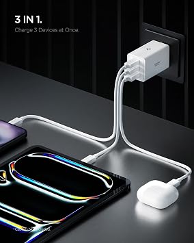 Spigen 67W USB-C+USB-A 3 Port Fast Charger PPS 2.0 Support Heat Reducing GaN Pro Supported Current Protected Power Adapter iPhone & Android & iPad & MacBook Type-C White - ACH08710