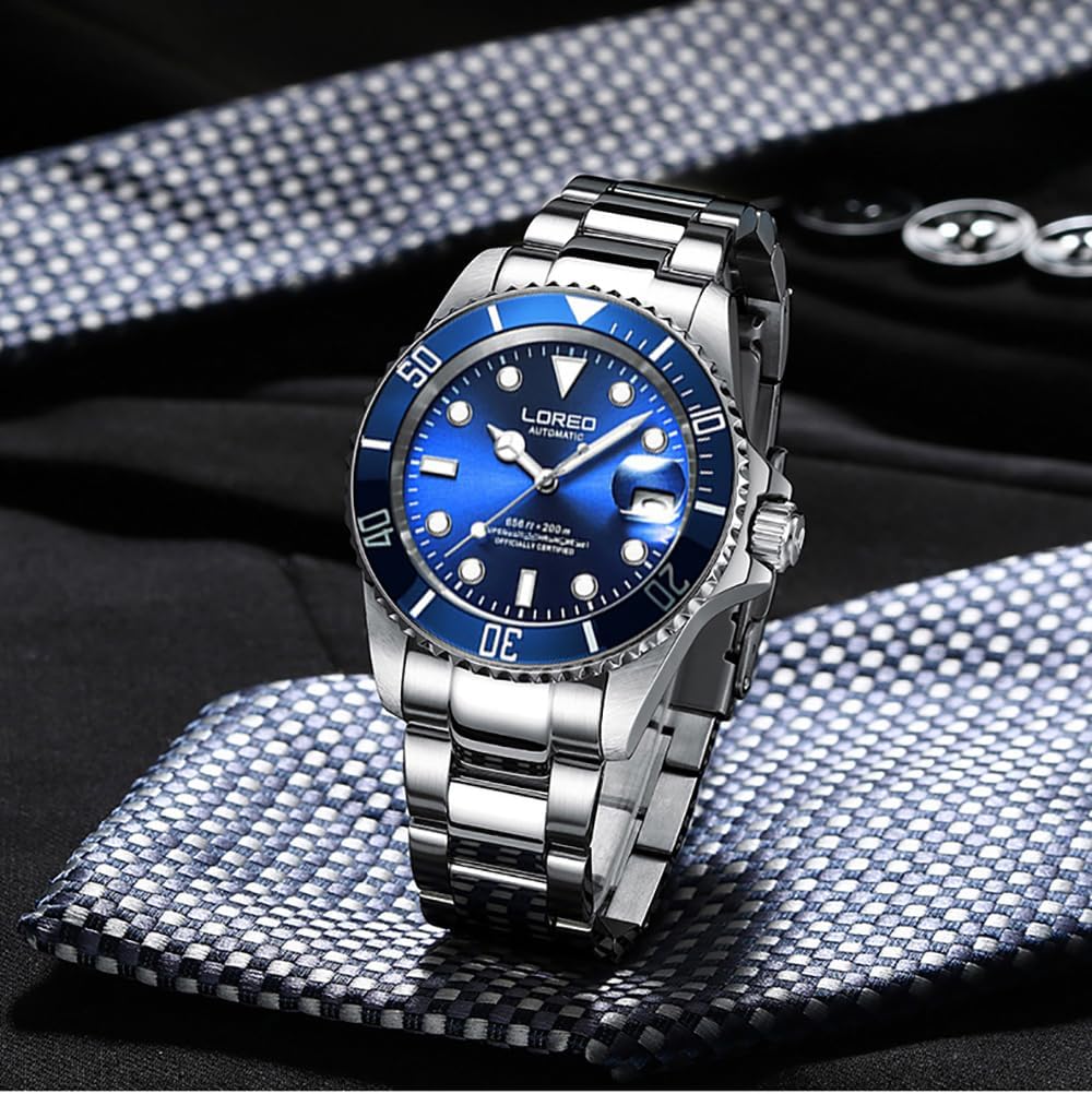 LOREO Mens Silver Stainless Steel Sapphire Glass Black Rotating Bezel Men's Automatic Watch