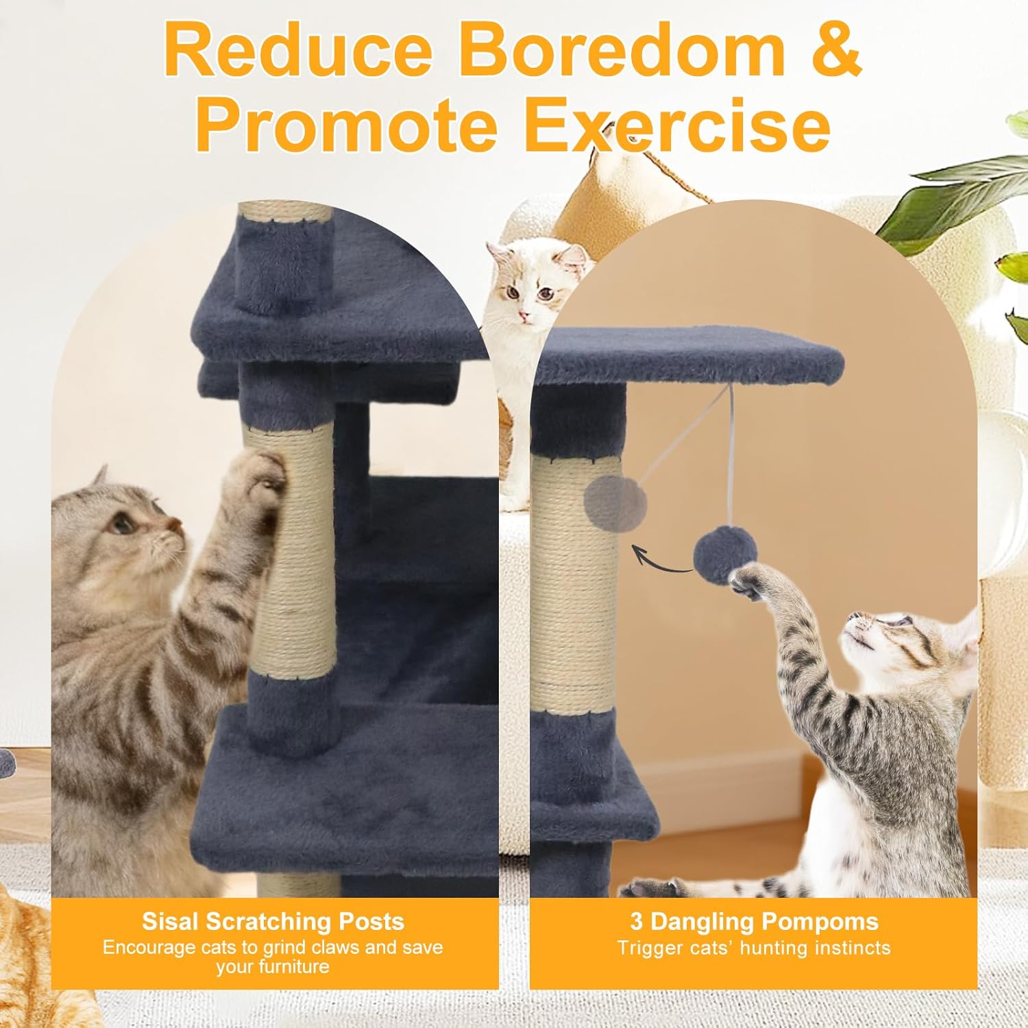 DORTALA Cat Tree for Indoor Cats, 58" Tall Cat Tower with Top Perch, Condo, Hammock, Sisal Scratching Posts, 3 Dangling Balls, Platforms, Multi-Level Pet Climbing Furniture Playground (Grey)