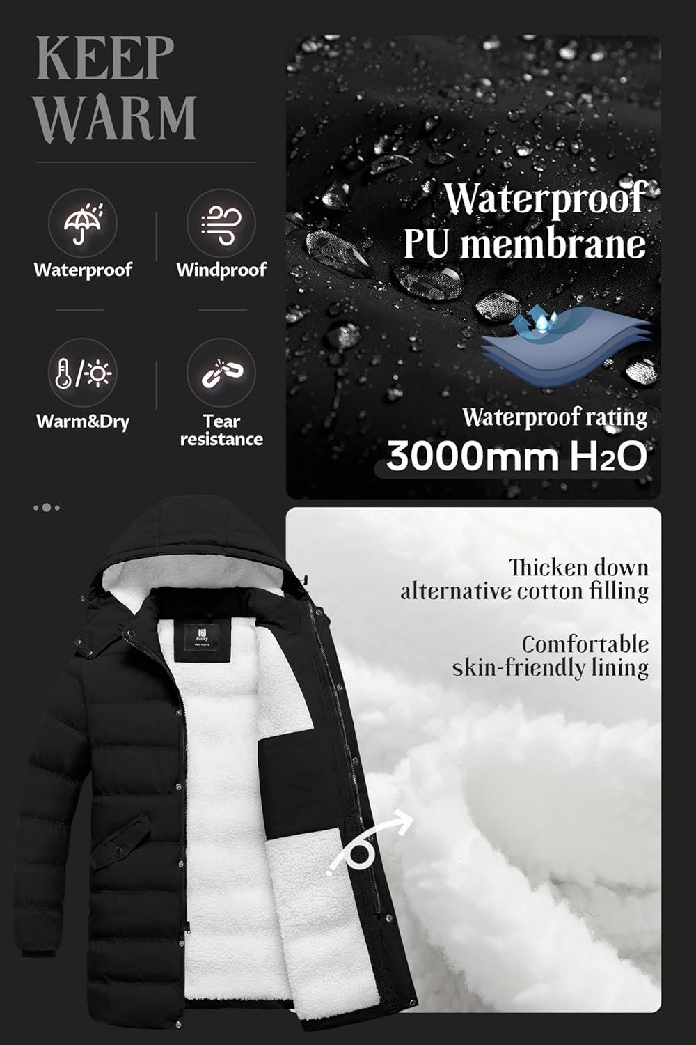 Pursky Men's Long Winter Coat Warm Sherpa Lined Quilted Puffer Jacket Waterproof Thicken Puffy Parka with Hood - Image 4