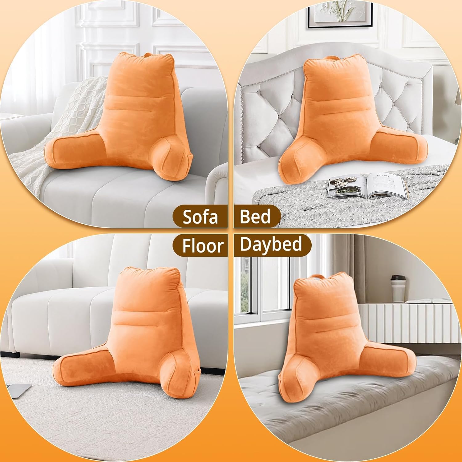 Sasttie Reading Pillow for Bed - 23 Inch, Back Pillow for Bed Sitting Up, Back-Rest Support Cushion with Side Pockets and Arms, Dorm Essentials, Oeko-Tex Certified, Orange