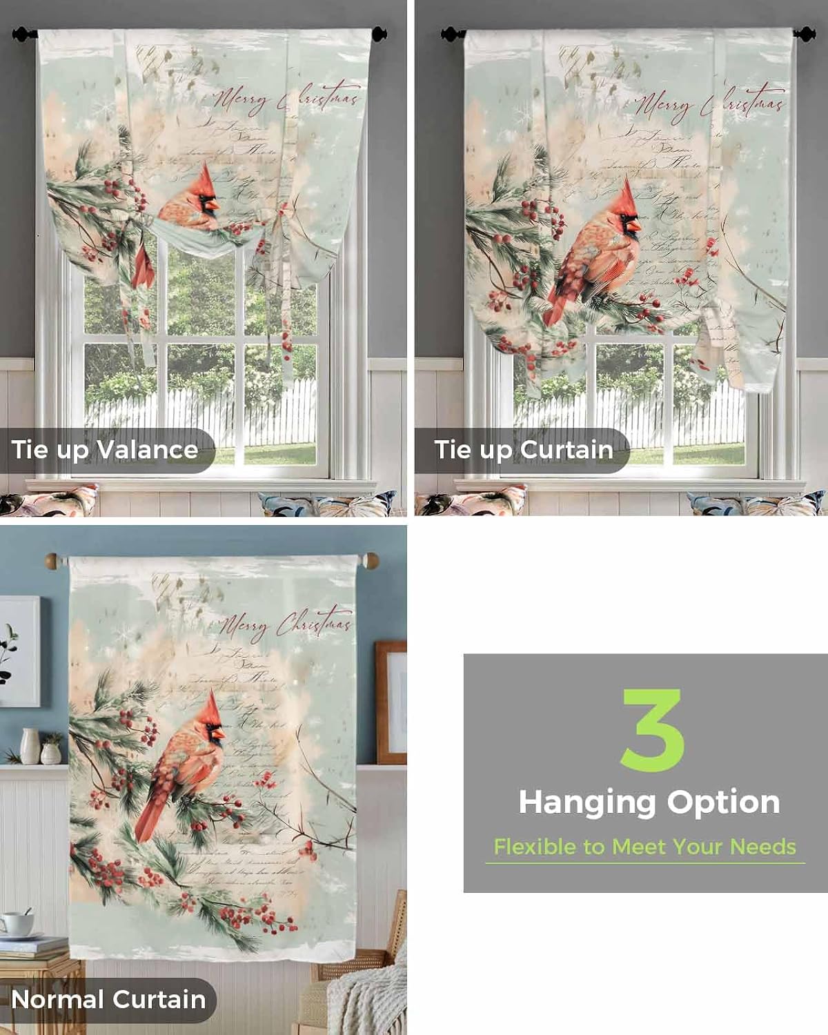 Tie Up Curtains for Kitchen Windows,Vintage Christmas Bird Winter Plant Adjustable Balloon Shade Curtain Panel Rod Pocket Drapes for Small Window Decor 52"Wx63"L,Merry Christmas Quote on Letter