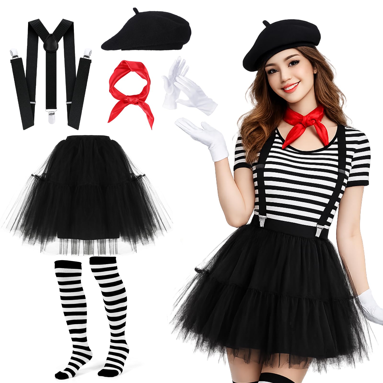 Hestya 6 Piezas Disfraz de Mimo de Carnaval para Mujer Falda Tutú Negra Boina Tirantes Calcetines Altos a Rayas Pañuelo Rojo Guantes Blancos para Cosplay de Carnaval Disfraces de Mardi Gras