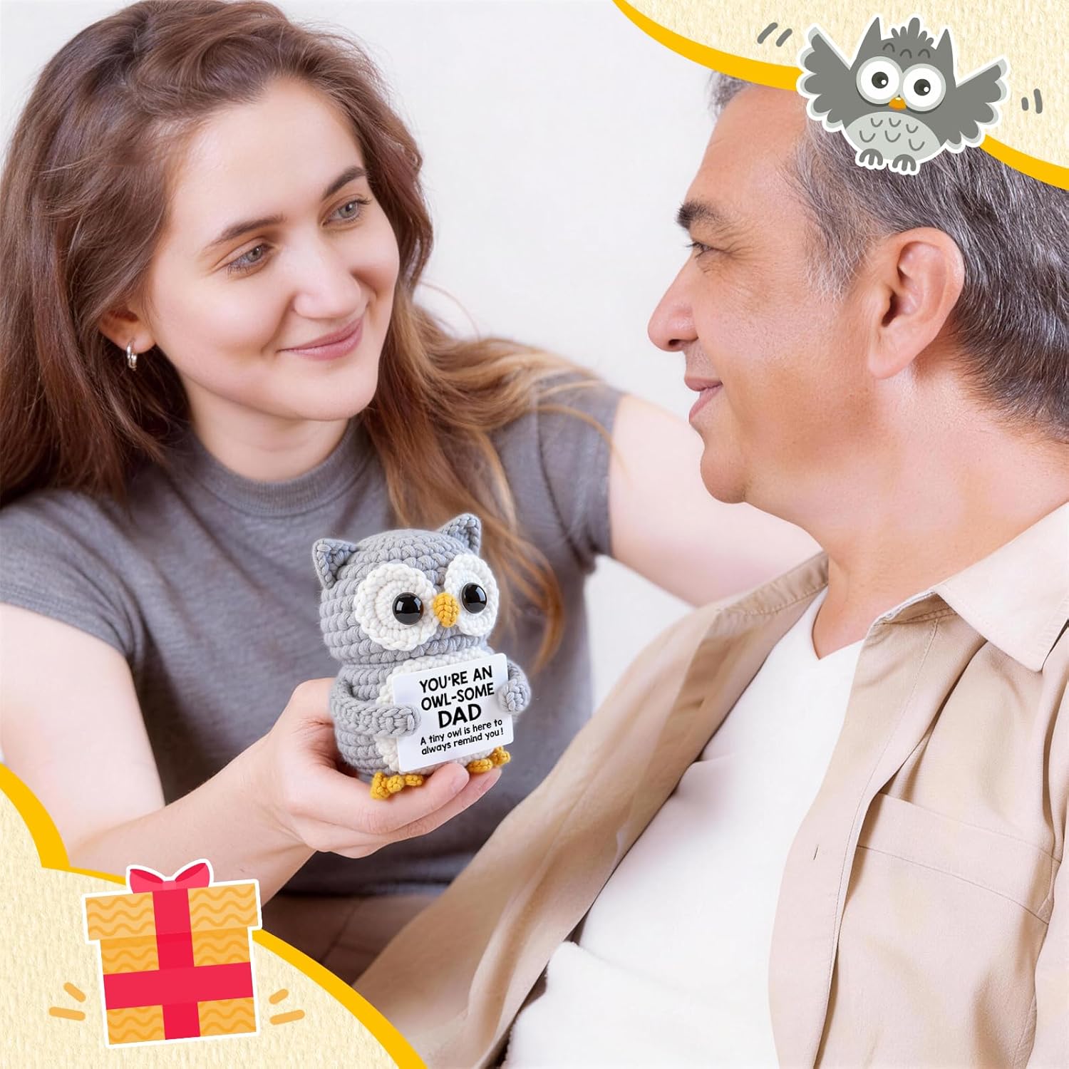 Qallicon Dad Gifts from Daughter Son Wife, Positive Handmade Crochet Fathers Day Birthday for Dad, Funny I Love You Owl Gifts for Dads