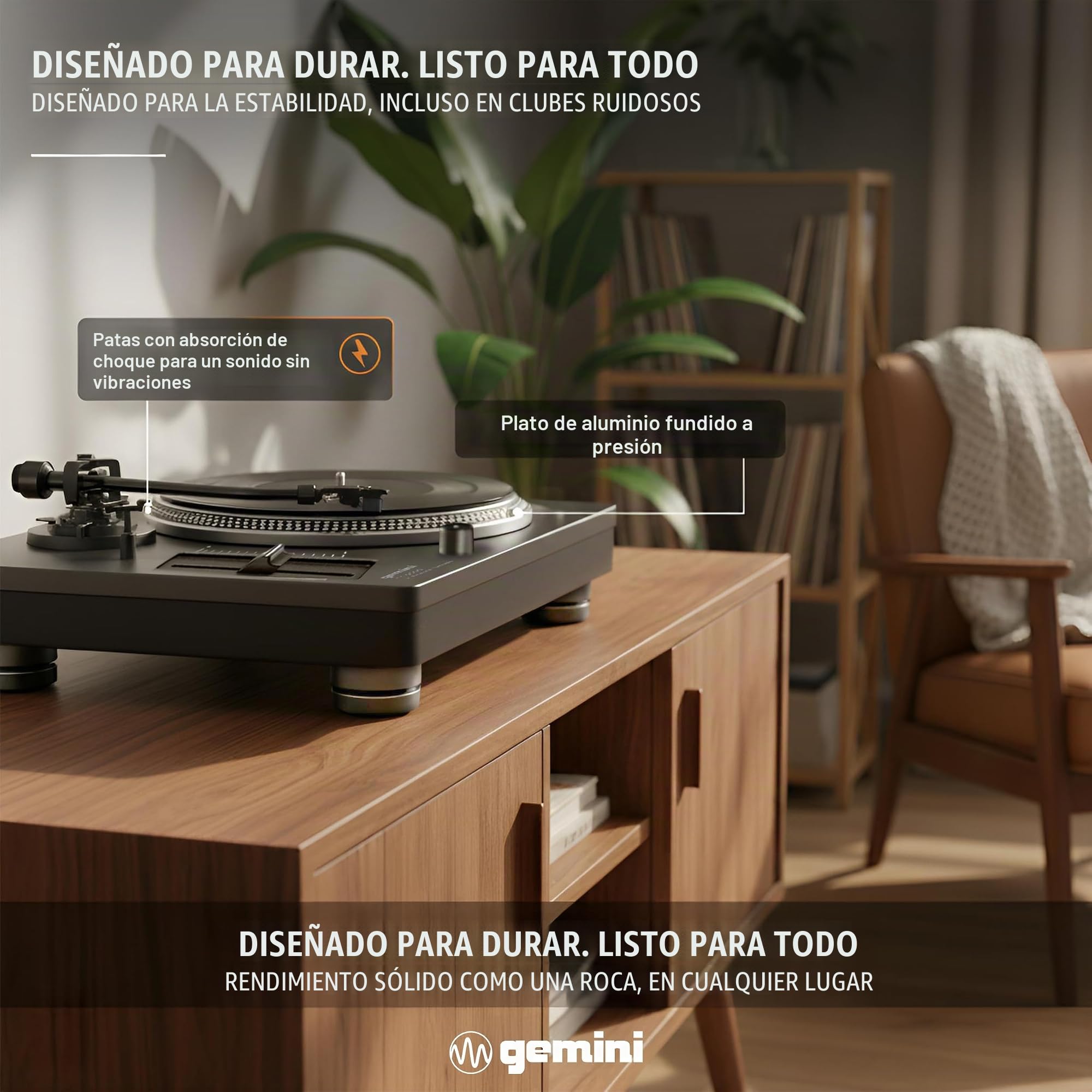 Gemini Sound TT-5000 Tocadiscos de accionamiento Directo de Alto par con USB, Vinilo digitalizado, preamplificador Fono Integrado, 33/45/78 RPM, Control de Tono, Listo para DJ