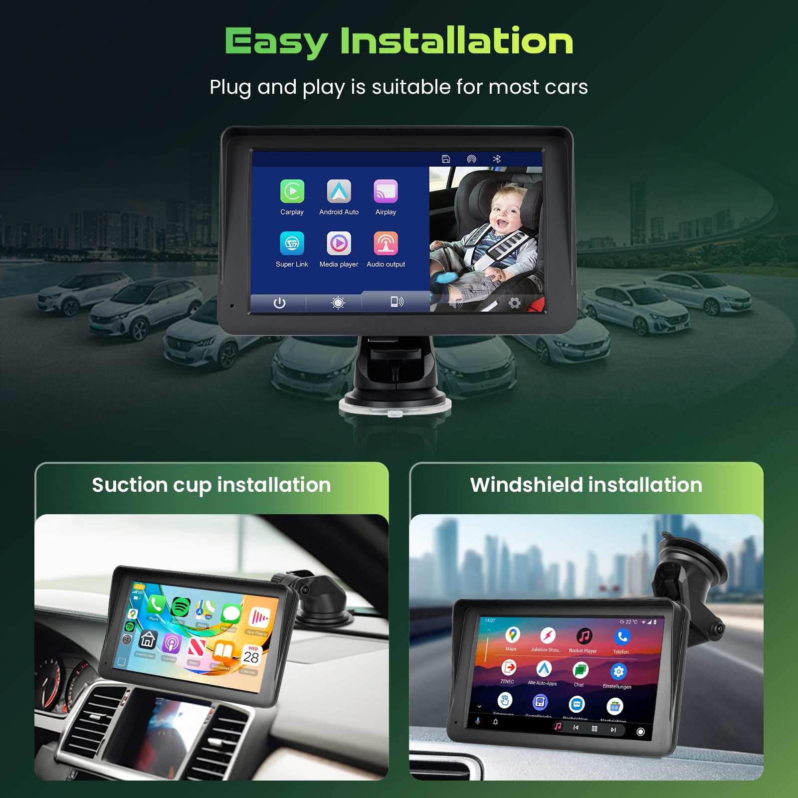 Hodozzy Bezprzewodowe lusterko samochodowe dla niemowląt, z systemem Android, 7 cali, HD 1080p, z noktowizorem Superlink, kamera na tylne siedzenie 360° z monitorem do fotelika samochodowego, obsługa