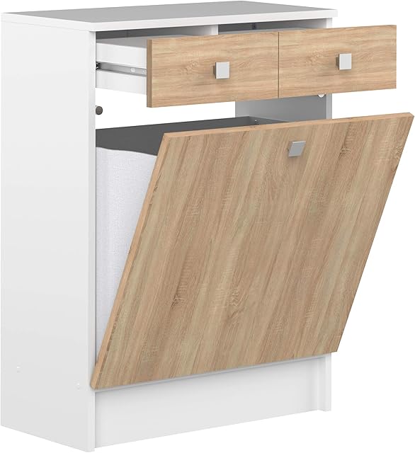 Amazon Brand - Amazon Basics - 2-Drawer 1-Door Laundry Storage Cabinet with Removable, Washable Laundry Basket, 60 x 29.6 x 81.5 cm, Light Brown Oak-Effect/White