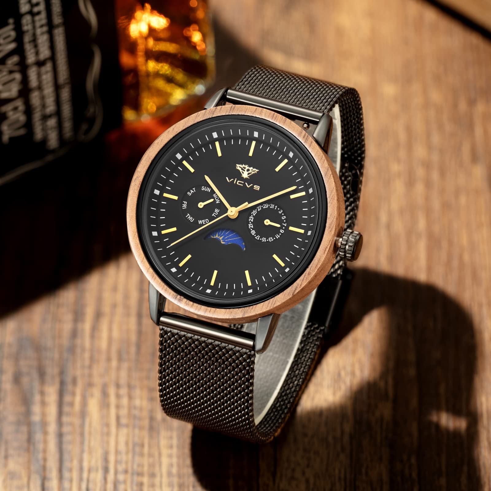 Orologio in Legno e Acciaio Inossidabile da Uomo - Con Data e Fase Lunare, Stile Casual e Sportivo