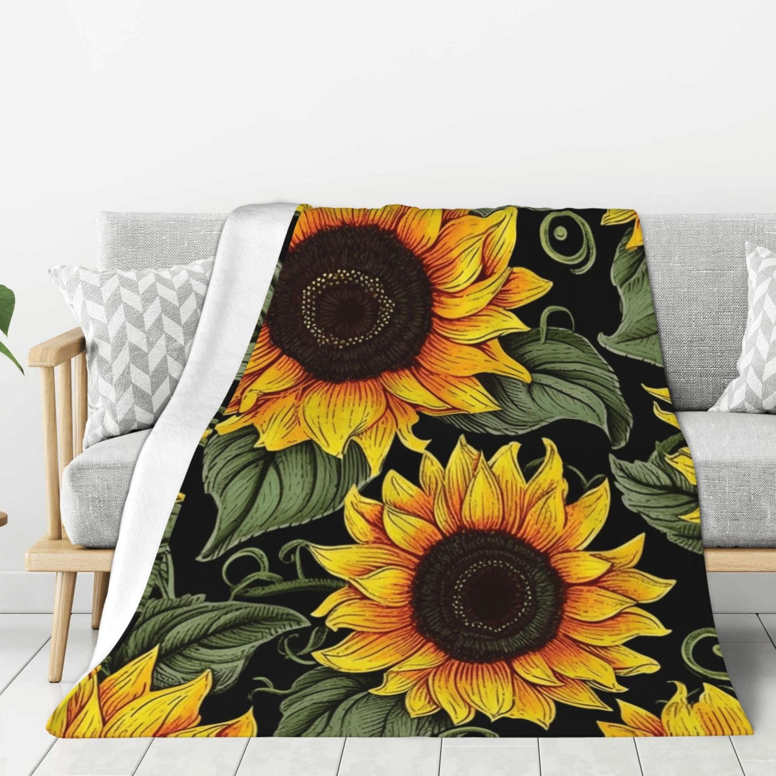 Floral Sunflower Throw Blanket Plush Flannel Fleece Blanket, Soft Lightweight Cozy Blankets 80"X60" for Bed Couch Sofa Travel
