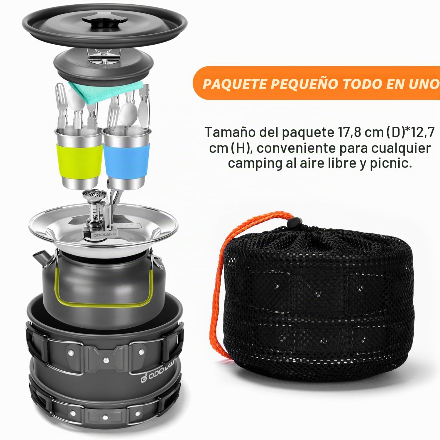 Odoland Kit de utensilios de cocina de camping con estufa plegable para 2 personas, juego de ollas antiadherentes con tazas de acero inoxidable, platos, tenedores, cuchillos, cucharas para cocinar al aire libre y picnic