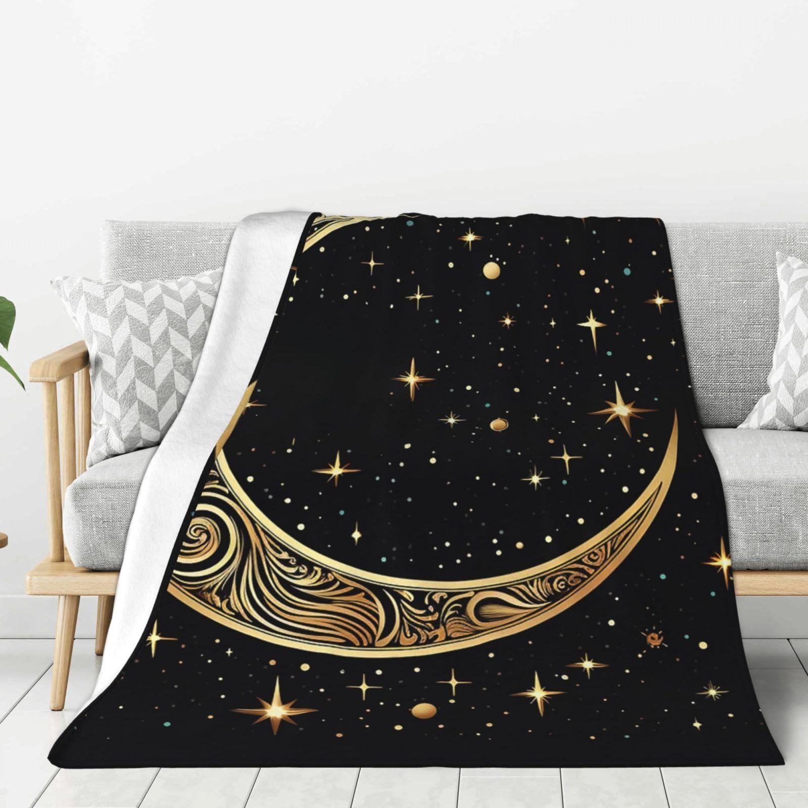 Crescent Moon Pattern On Black Background Throw Blanket Plush Flannel Fleece Blanket, Soft Lightweight Cozy Blankets 50"X40" for Bed Couch Sofa Travel
