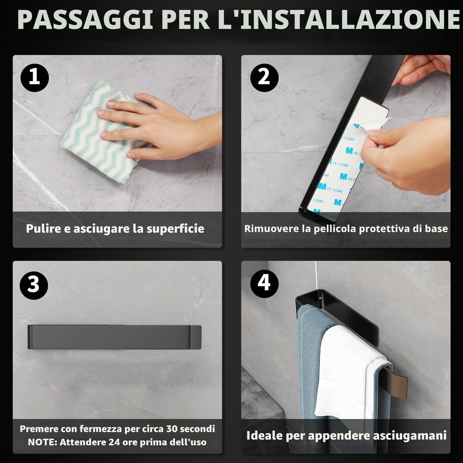 Vista Porta Asciugamani Bagno Adesivo da Parete Nero 25cm SUS304 Portasciugamani in Acciaio Inox Senza Foratura Portaasciugamano da Appendere per Cucina, Camera da Letto