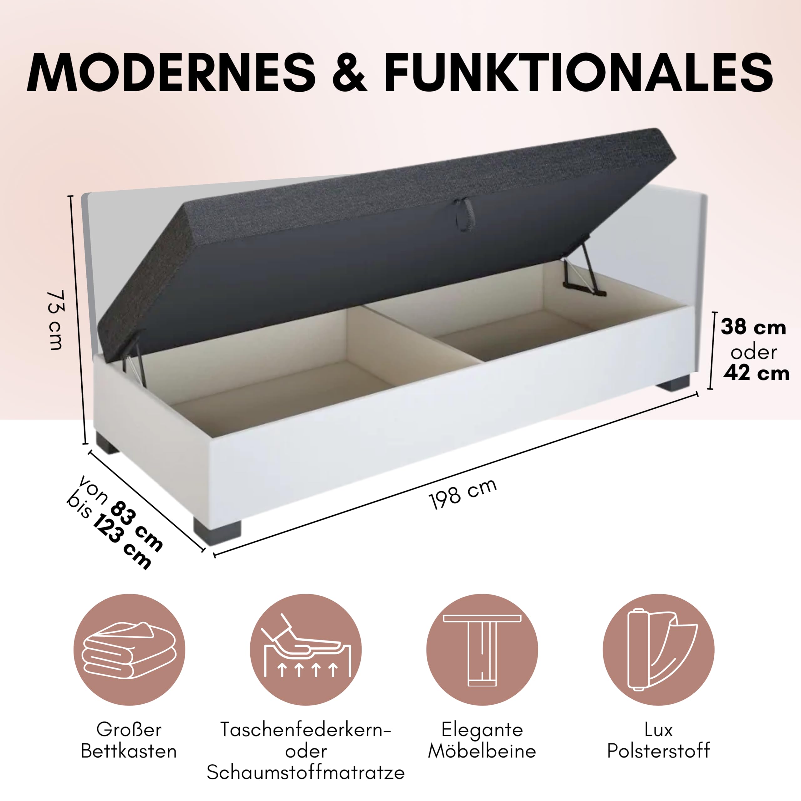 Boxspringbett Ilia+ 110x198x38 cm mit Schaumstoff Matratze, Bett mit Matratze, Polsterbett mit Bettkasten, Gepolstertes Einzel Bett, Schlafsofa - Beige Graphit