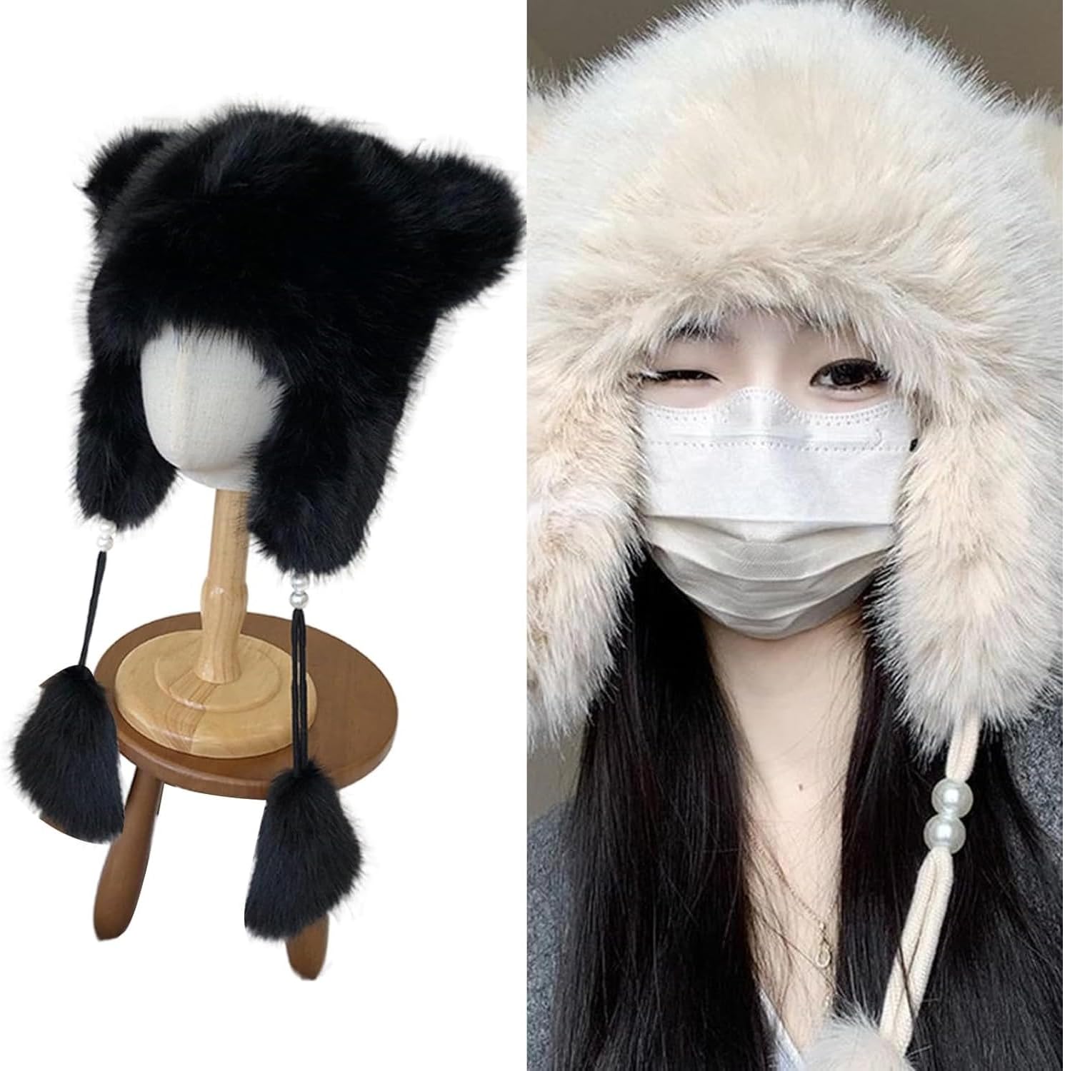 Cute Bear-Ear Fox Fur Trapper Hat, Winter Warm Unisex Hat with Ear Protection for Outdoor & Casual Wear