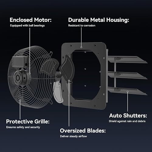 MISTRO 300mm Shutter Exhaust Fan with Speed Controller, 1350m³/h Wall Mounted Extractor, Automatic Metal Louvers, for Garage, Workshop, Attic, Bathroom, Kitchen - 3
