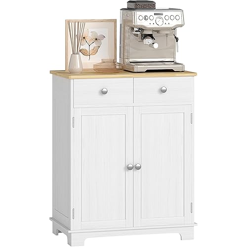 HOMCOM Sideboard with Solid Wood Countertop, Modern Kitchen Storage Cabinet, Coffee Bar Cabinet with 2 Drawers, Doors and Adjustable Shelf, Distressed White