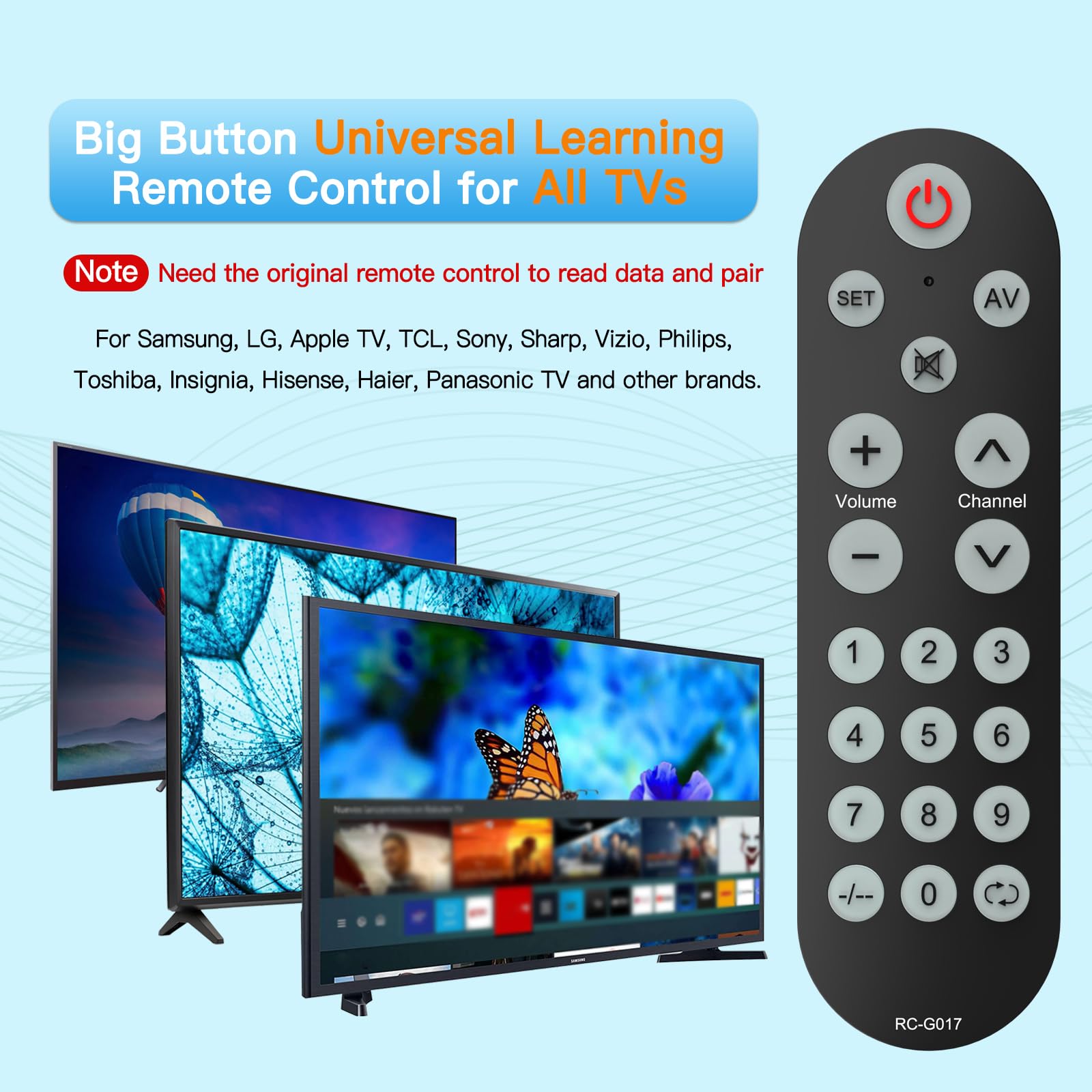 Mando a distancia universal con botón grande para televisores inteligentes Samsung, Vizio, Lg, Sony, Sharp, Roku, Apple TV, TCL, Panasonic