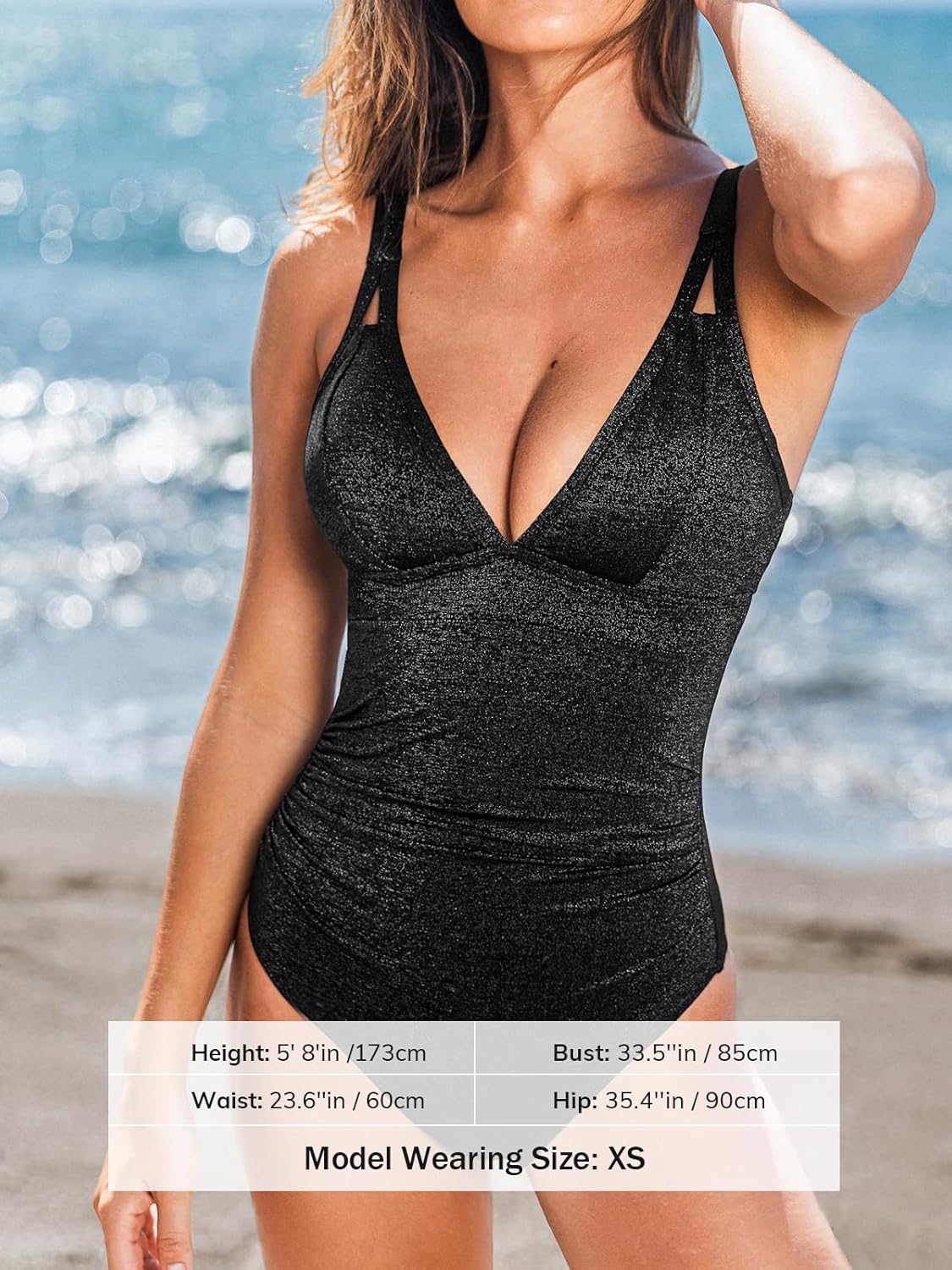 CUPSHE Women's One Piece Swimsuit Tummy Control V Neck Bathing Suit Ruched Slimming Swimwear Shining Cutout Back Hook - Image 5
